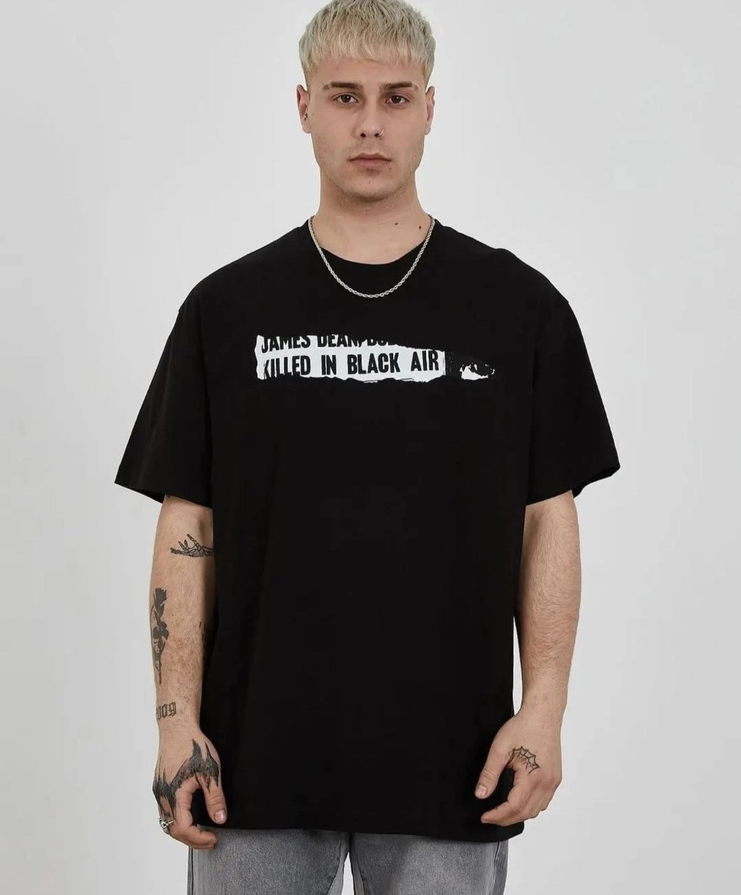 ASSEMA ERKEK Bisiklet Yaka Baskılı Oversize T-Shirt - Siyah