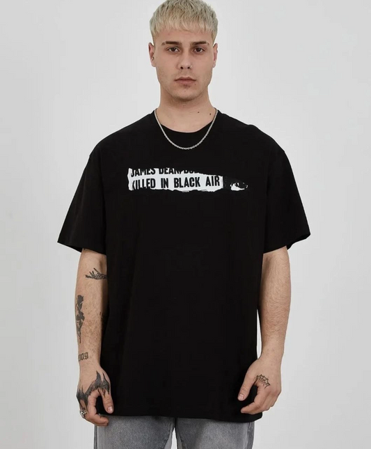 ASSEMA ERKEK Bisiklet Yaka Baskılı Oversize T-Shirt - Siyah