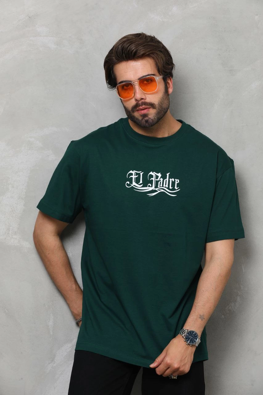 ASSEMA Erkek  Bisiklet Yaka Baskılı Oversize T-Shirt - Yeşil