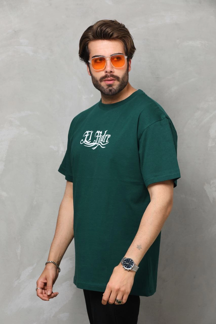 ASSEMA Erkek  Bisiklet Yaka Baskılı Oversize T-Shirt - Yeşil