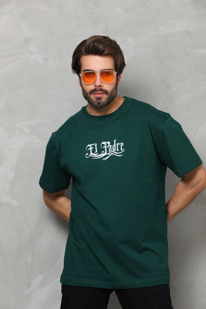ASSEMA Erkek  Bisiklet Yaka Baskılı Oversize T-Shirt - Yeşil