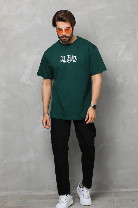 ASSEMA Erkek  Bisiklet Yaka Baskılı Oversize T-Shirt - Yeşil