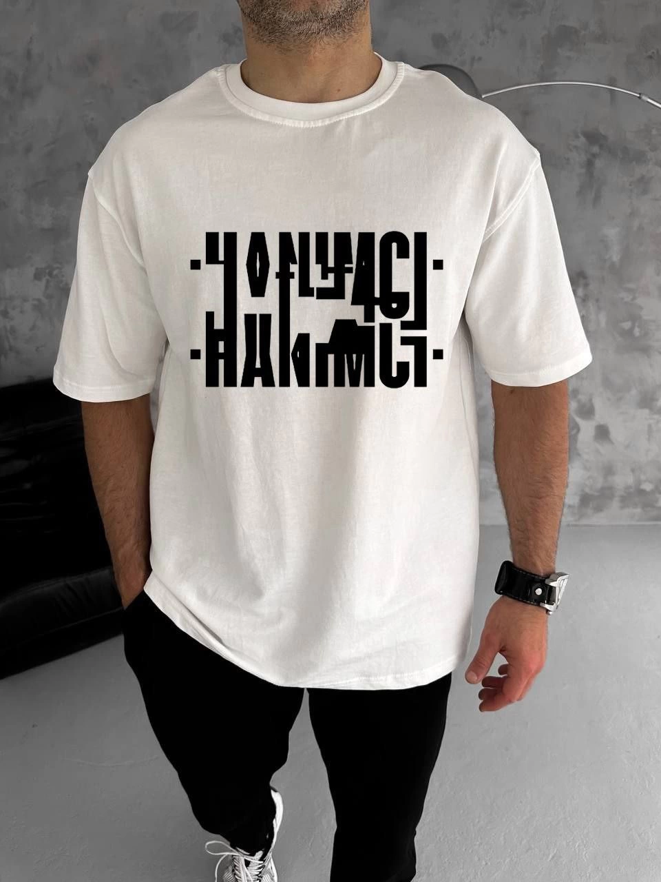 ASSEMA Erkek Bisiklet Yaka Katlanan Baskılı T-Shirt - Beyaz