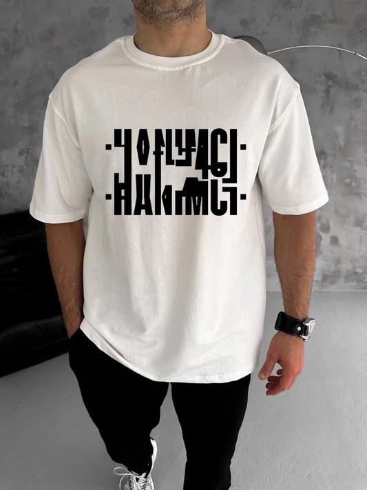 ASSEMA Erkek Bisiklet Yaka Katlanan Baskılı T-Shirt - Beyaz