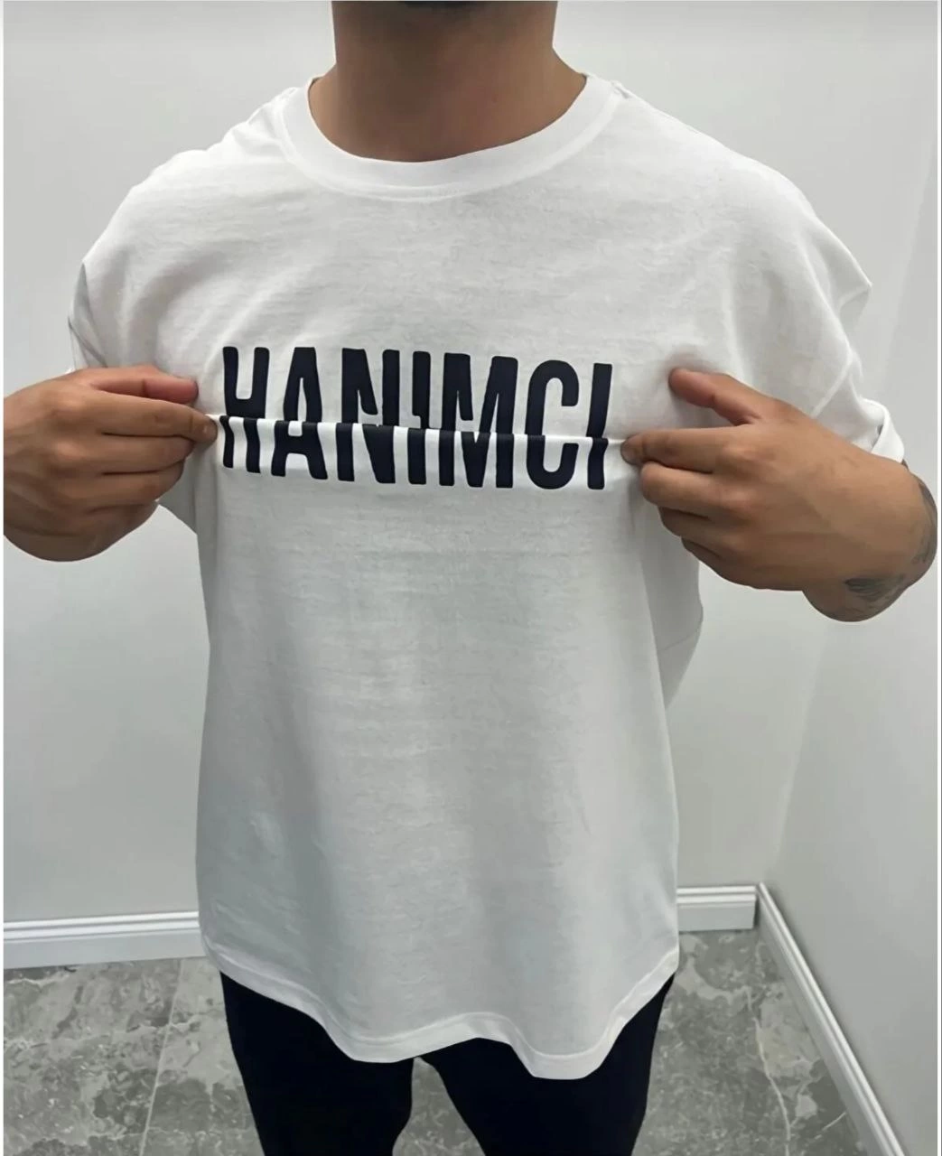 ASSEMA Erkek Bisiklet Yaka Katlanan Baskılı T-Shirt - Beyaz