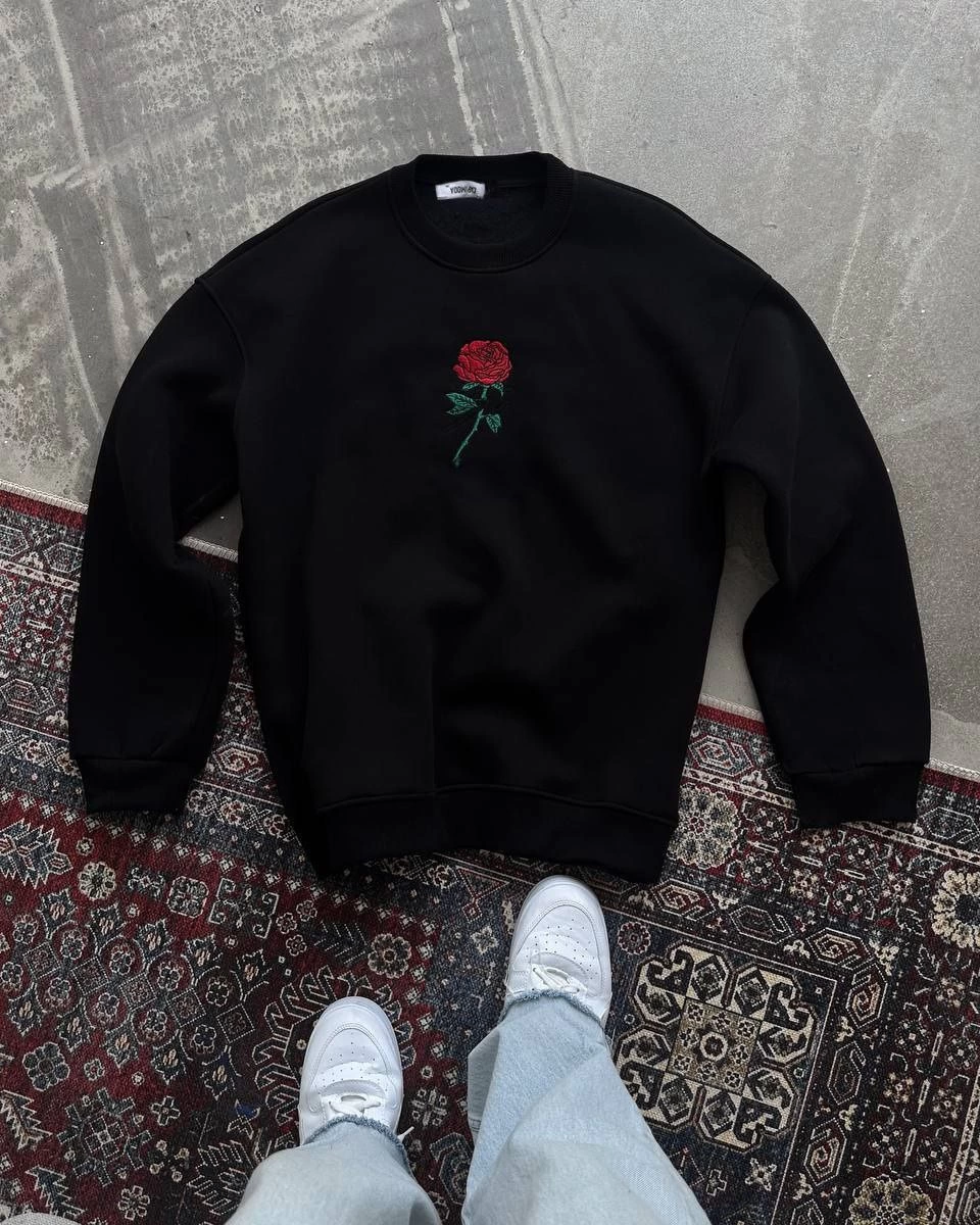 ASSEMA ERKEK 3 iplik Pamuklu Bisiklet Yaka Ön Ve Arka Baskılı SweatShirt - Siyah