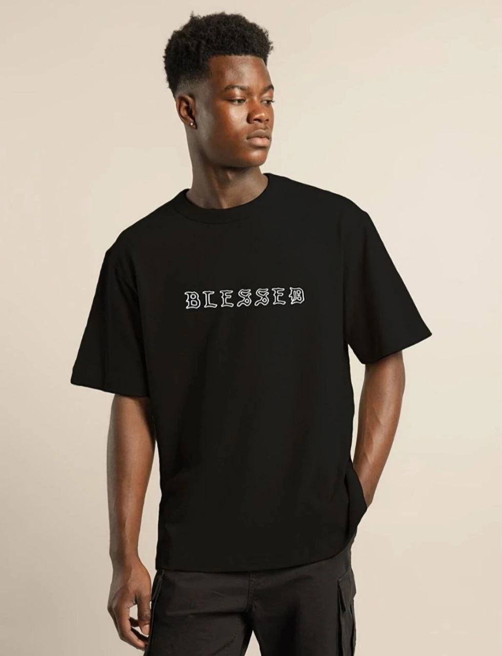 ASSEMA ERKEK Bisiklet Yaka Oversize Baskılı T-Shirt - Siyah