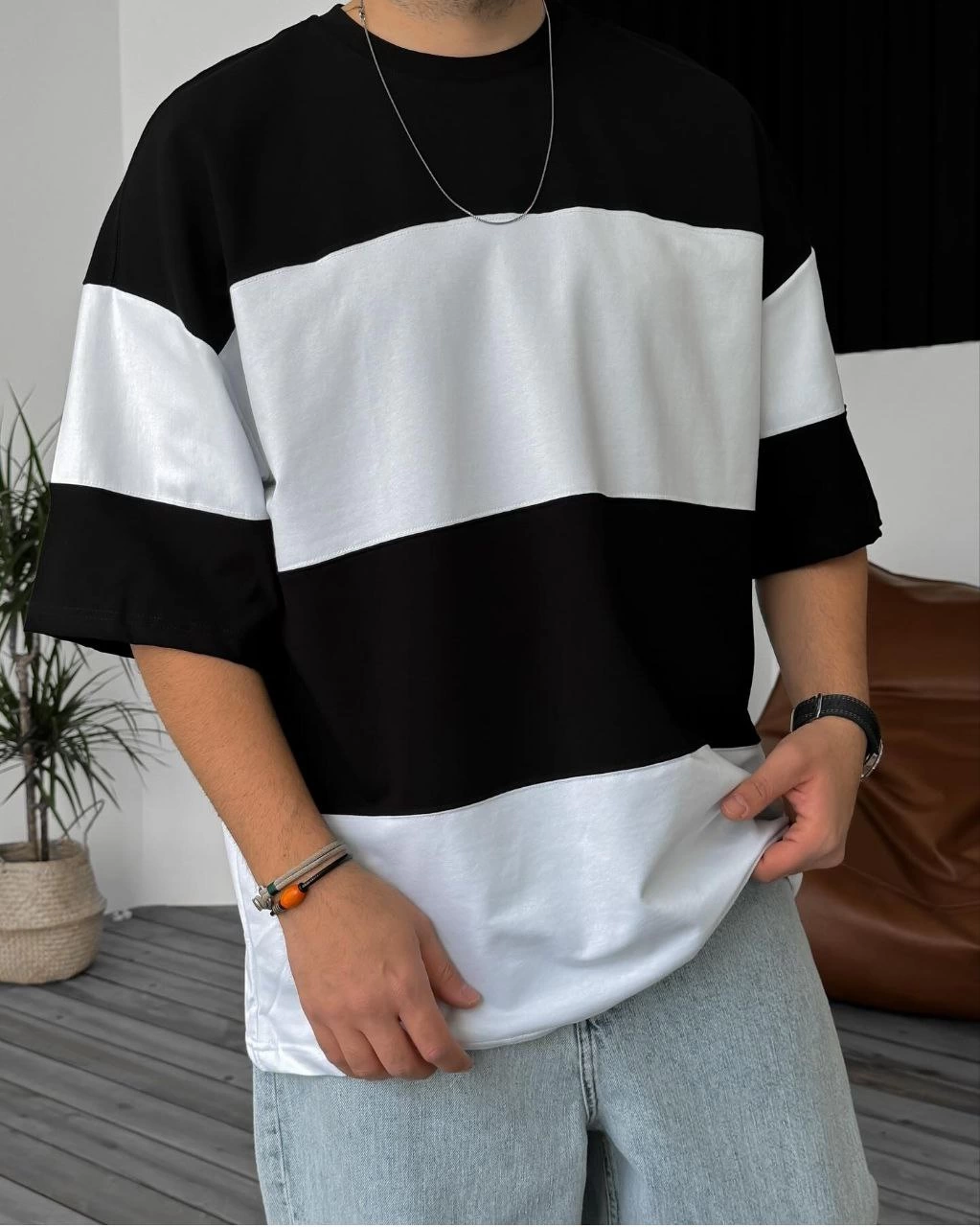ASSEMA Erkek Bisiklet Yaka Parçalı  Kısa kol T-Shirt - Siyah