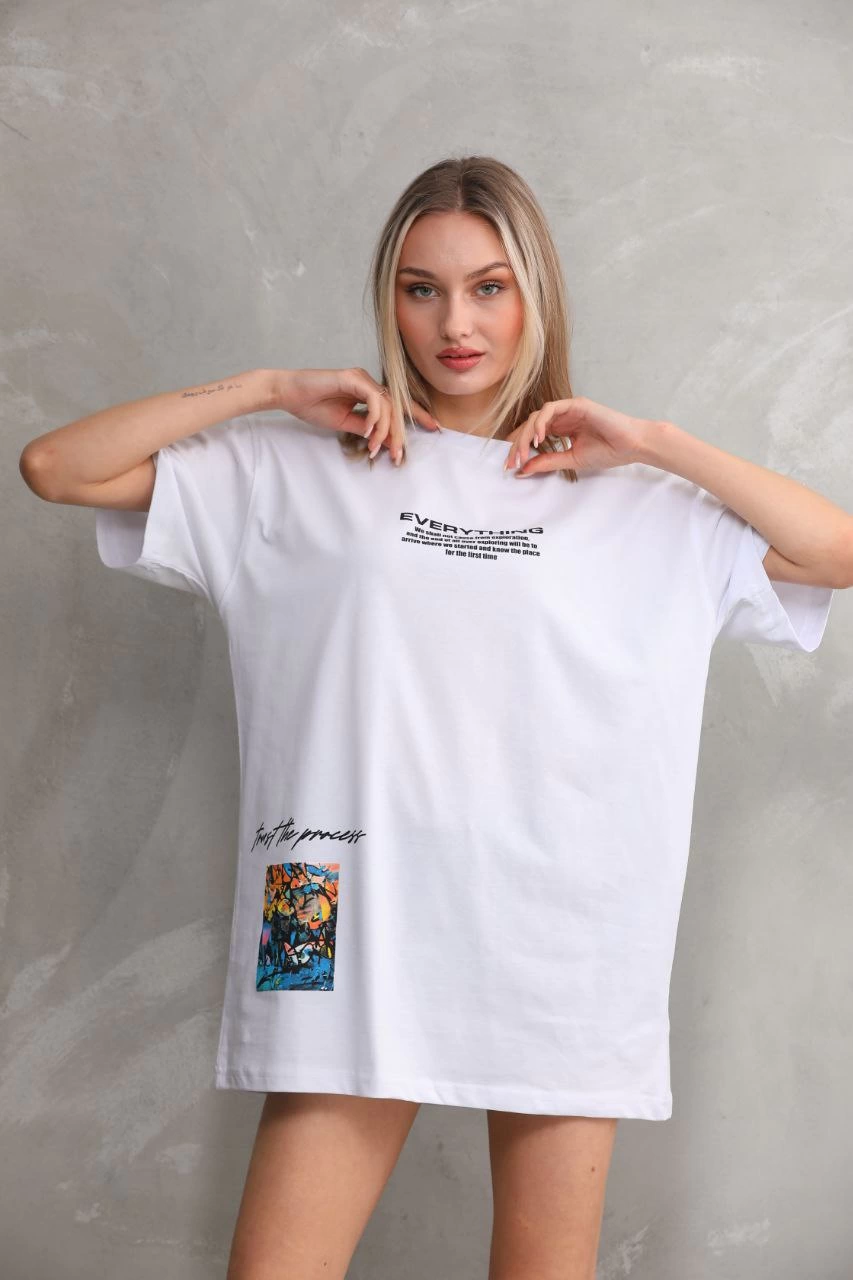 ASSEMA kadın Bisiklet Yaka Baskılı Oversize T-Shirt - Beyaz
