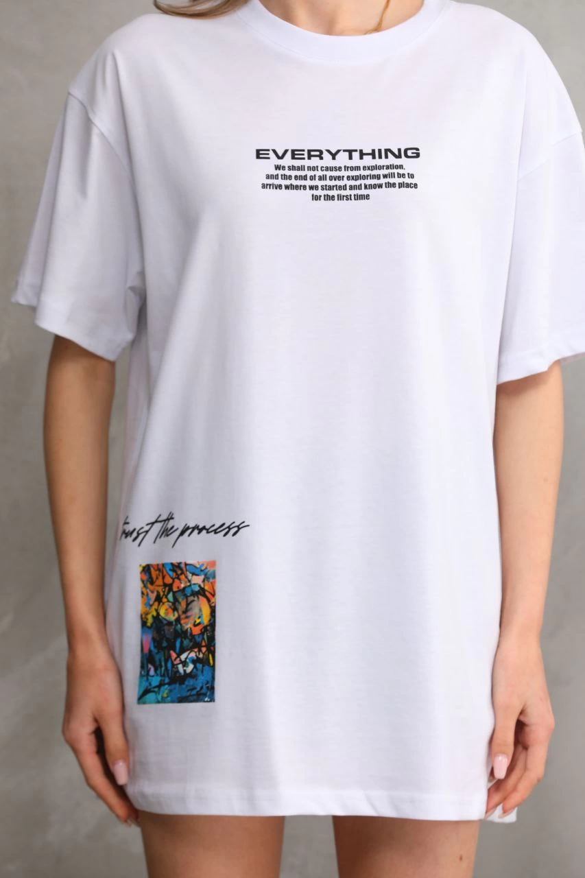 ASSEMA kadın Bisiklet Yaka Baskılı Oversize T-Shirt - Beyaz