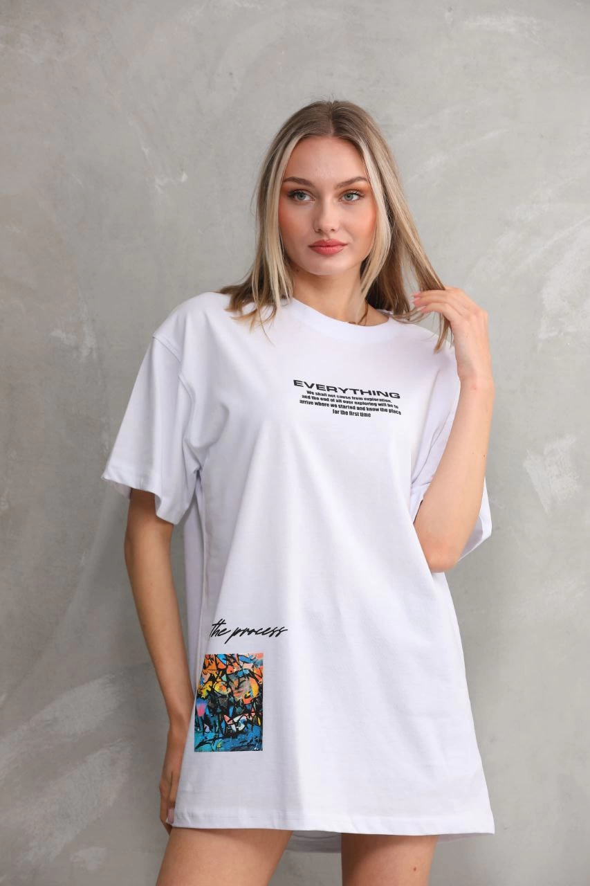 ASSEMA kadın Bisiklet Yaka Baskılı Oversize T-Shirt - Beyaz