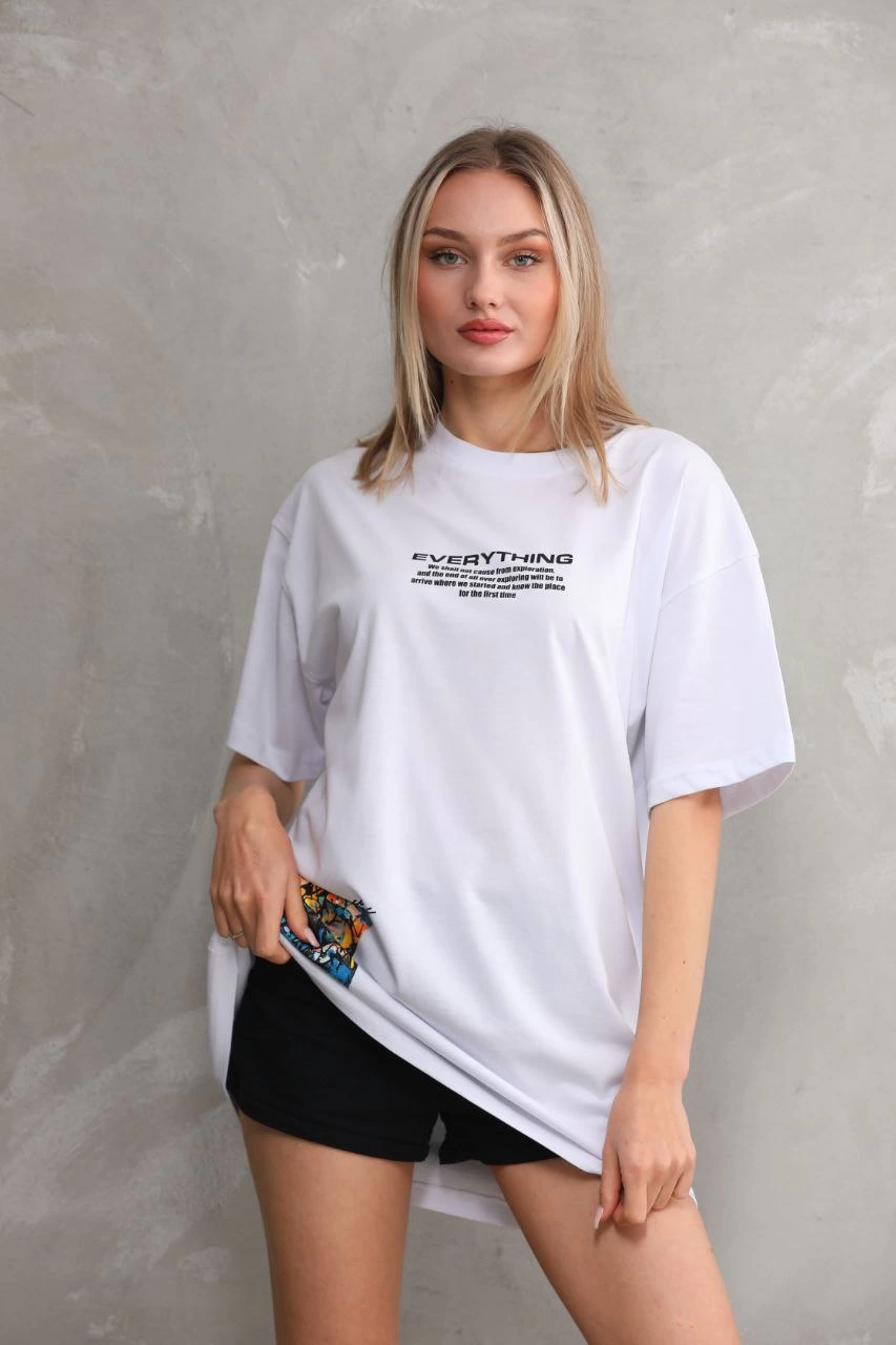 ASSEMA kadın Bisiklet Yaka Baskılı Oversize T-Shirt - Beyaz