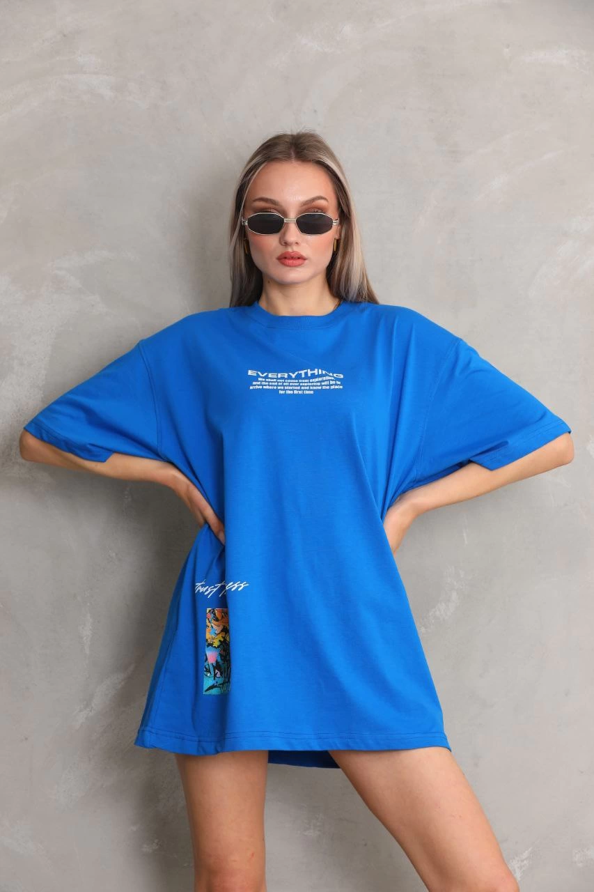 ASSEMA kadın Bisiklet Yaka Baskılı Oversize T-Shirt - Mavi