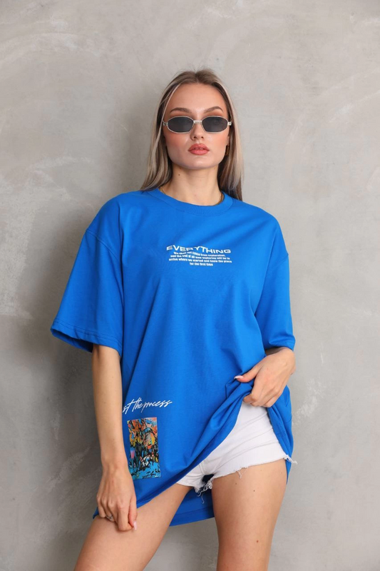 ASSEMA kadın Bisiklet Yaka Baskılı Oversize T-Shirt - Mavi