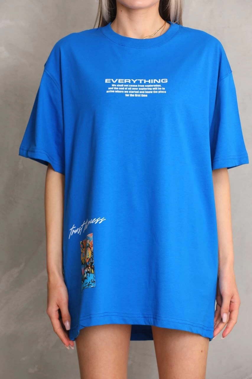 ASSEMA kadın Bisiklet Yaka Baskılı Oversize T-Shirt - Mavi