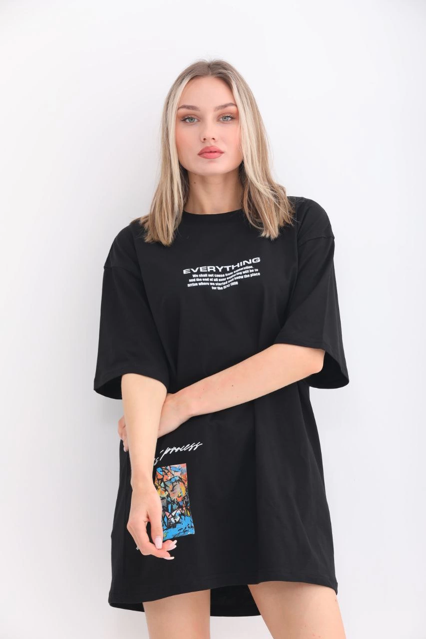 ASSEMA kadın  Bisiklet Yaka Baskılı Oversize T-Shirt - Siyah