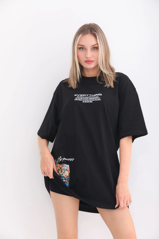ASSEMA kadın  Bisiklet Yaka Baskılı Oversize T-Shirt - Siyah