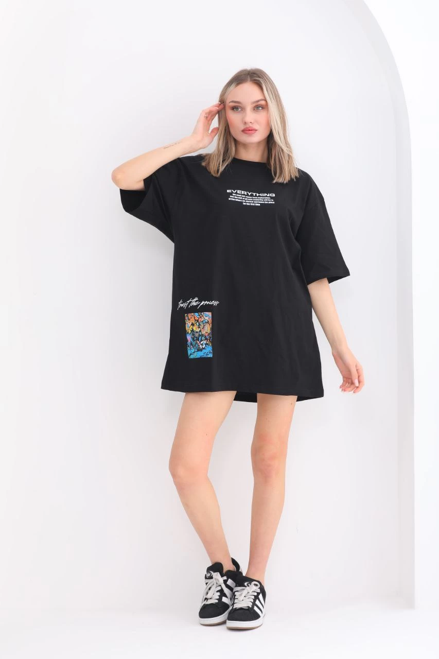 ASSEMA kadın  Bisiklet Yaka Baskılı Oversize T-Shirt - Siyah