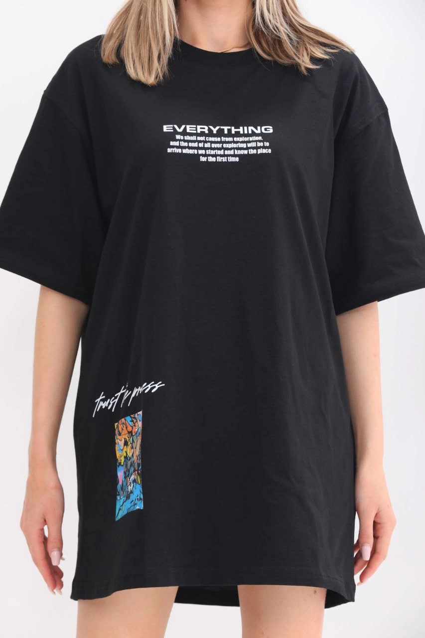 ASSEMA kadın  Bisiklet Yaka Baskılı Oversize T-Shirt - Siyah