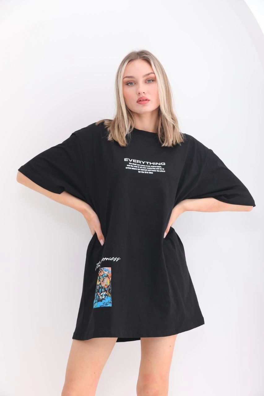ASSEMA kadın  Bisiklet Yaka Baskılı Oversize T-Shirt - Siyah