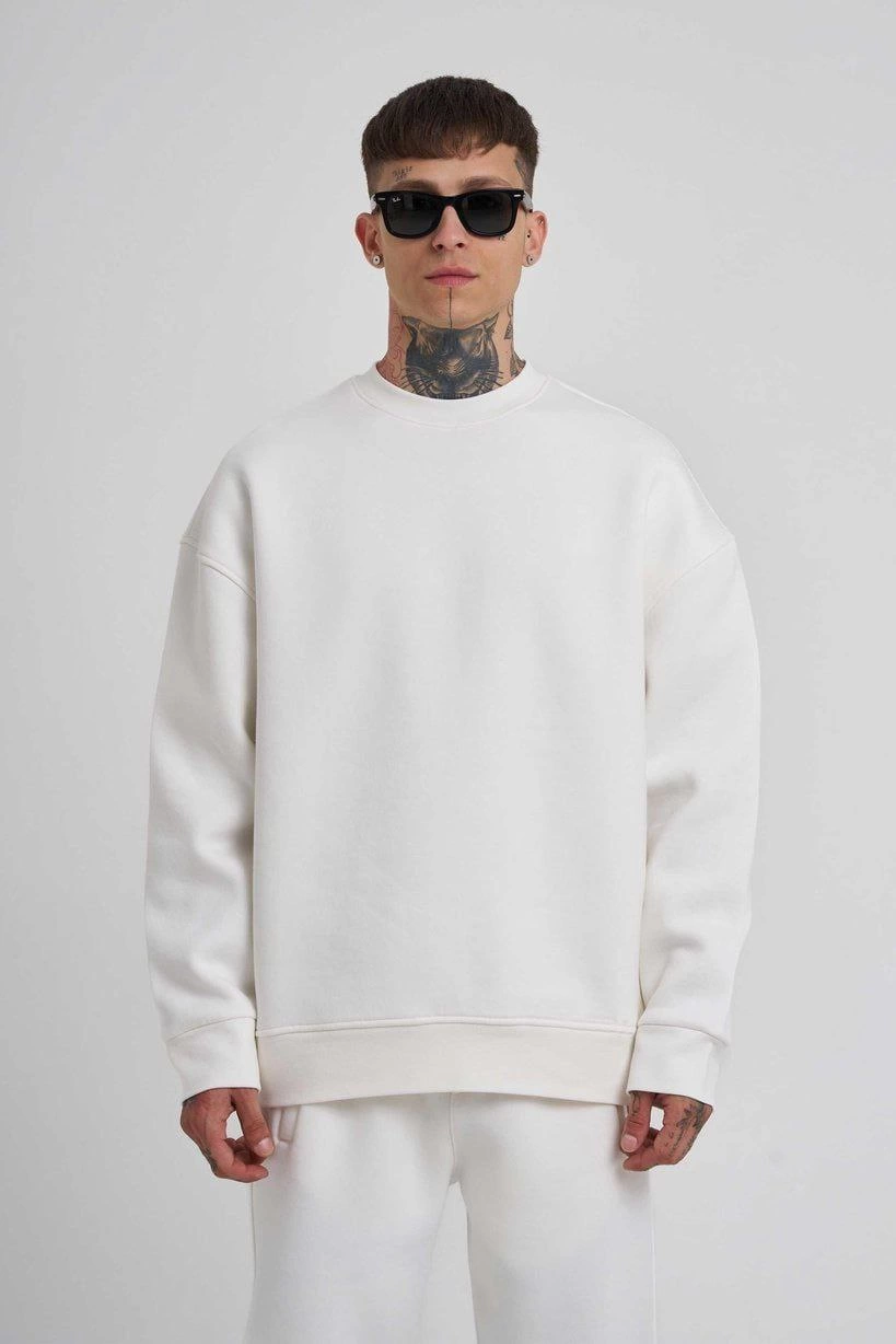 ASSEMA ERKEK Biskilet Yaka Üç İplik SweatShirt - Beyaz