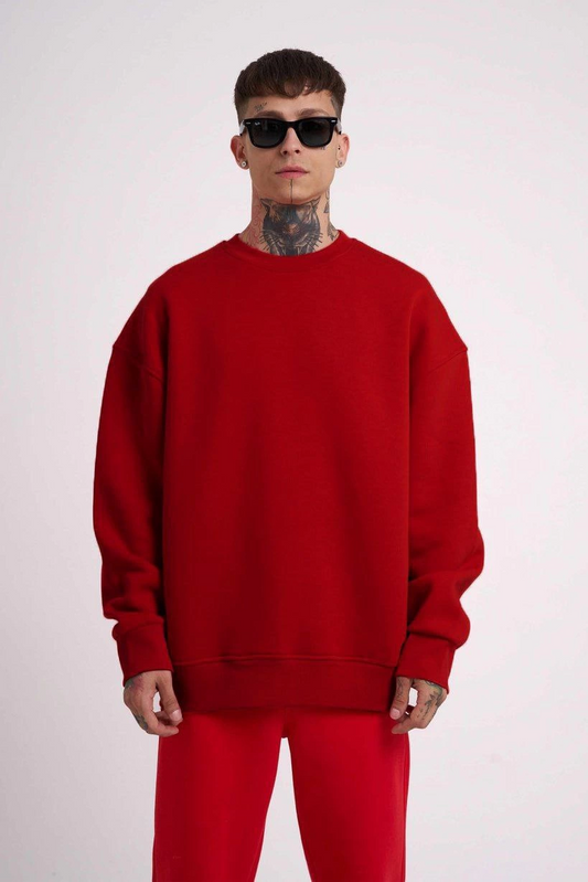 ASSEMA Unisex Biskilet Yaka Üç İplik SweatShirt - Kırmızı