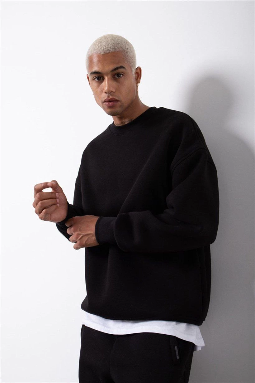 ASSEMA ERKEK Biskilet Yaka Üç İplik SweatShirt - Siyah