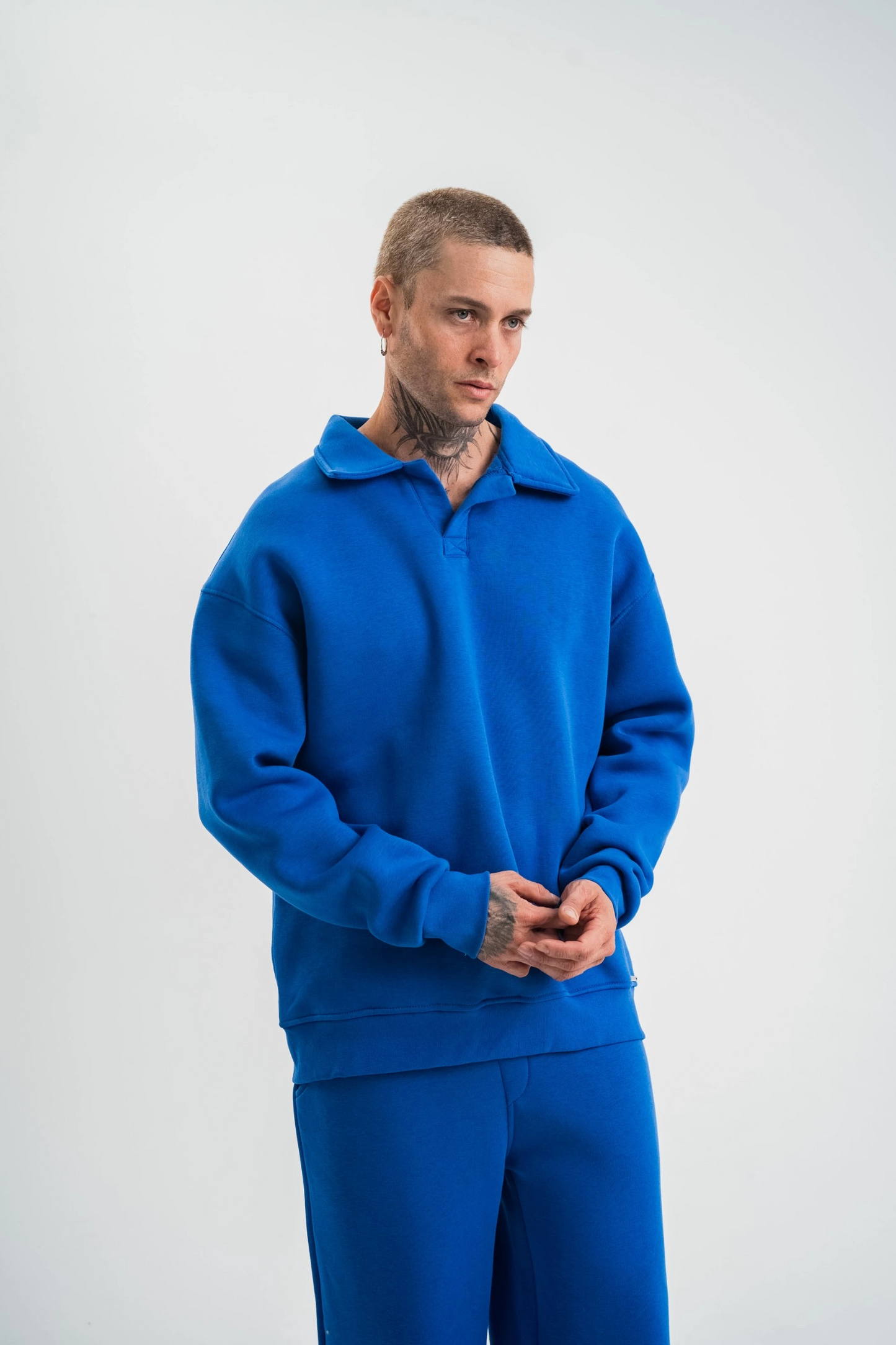 ASSEMA Erkek Patlı Yaka Üç İplik Pamuklu Sweatshirt Double Oversize Rahat Kalıp Günlük Kullanım - Mavi