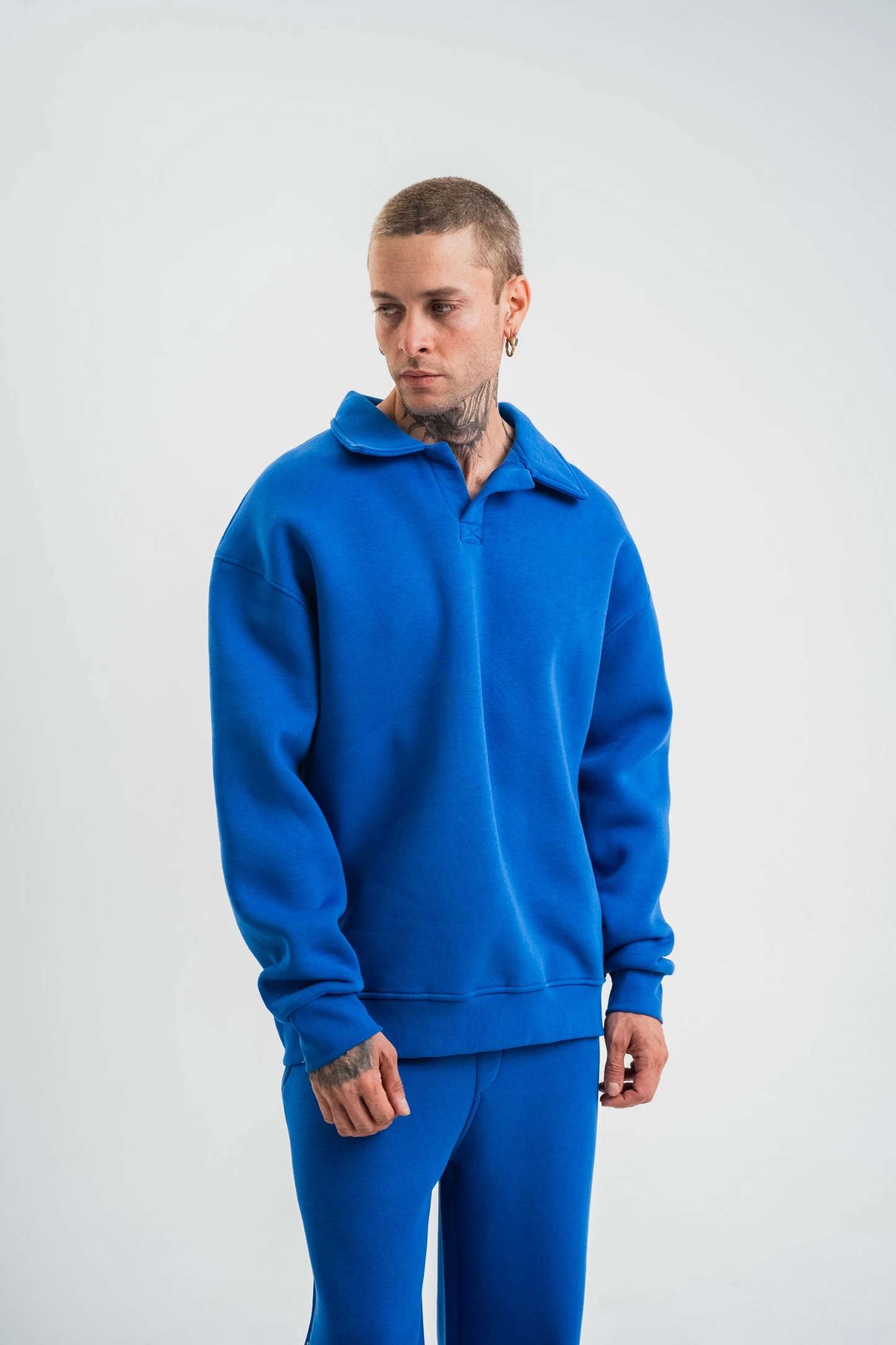 ASSEMA Erkek Patlı Yaka Üç İplik Pamuklu Sweatshirt Double Oversize Rahat Kalıp Günlük Kullanım - Mavi