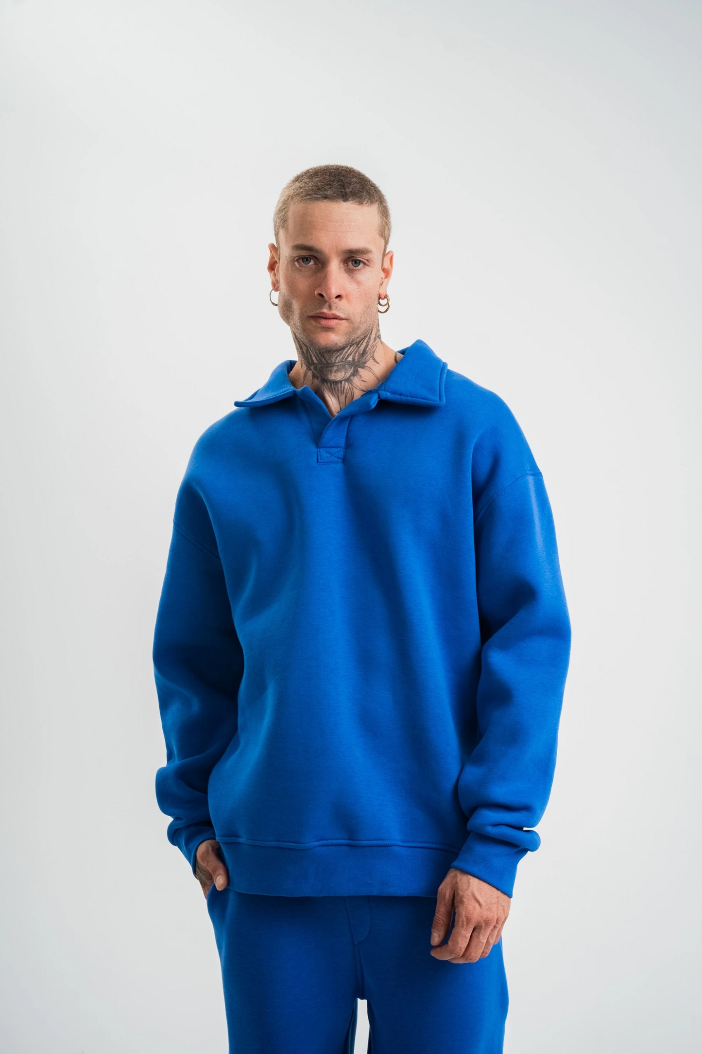 ASSEMA Erkek Patlı Yaka Üç İplik Pamuklu Sweatshirt Double Oversize Rahat Kalıp Günlük Kullanım - Mavi