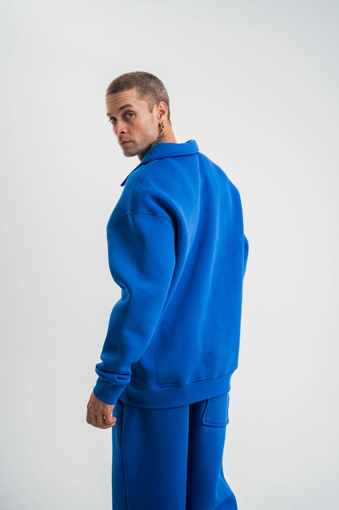 ASSEMA Erkek Patlı Yaka Üç İplik Pamuklu Sweatshirt Double Oversize Rahat Kalıp Günlük Kullanım - Mavi