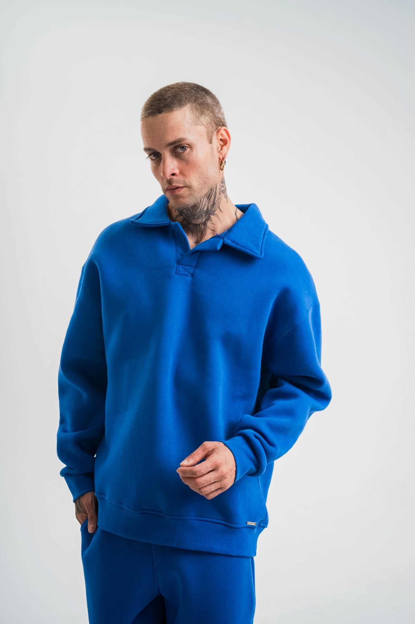 ASSEMA Erkek Patlı Yaka Üç İplik Pamuklu Sweatshirt Double Oversize Rahat Kalıp Günlük Kullanım - Mavi