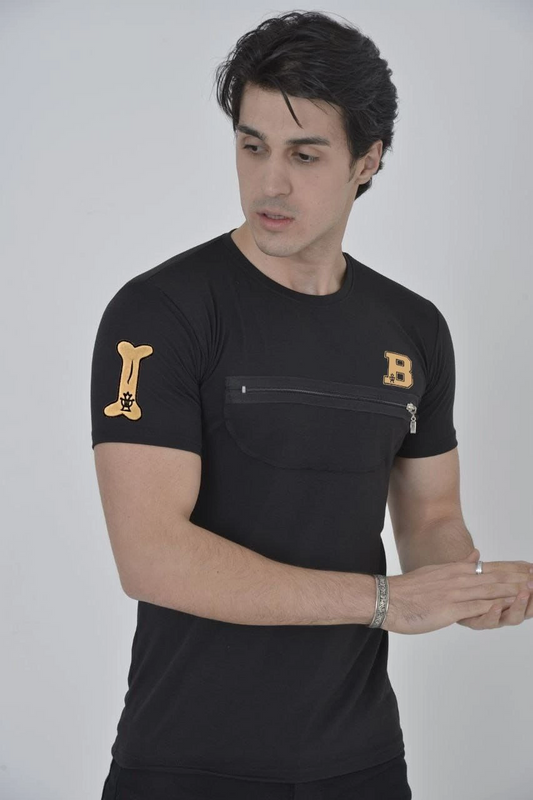 ASSEMA Erkek Baskılı T-Shirt Kısa Kol Bisiklet Yaka Göğüs Fermuarlı Slimfit Tişört  - Siyah