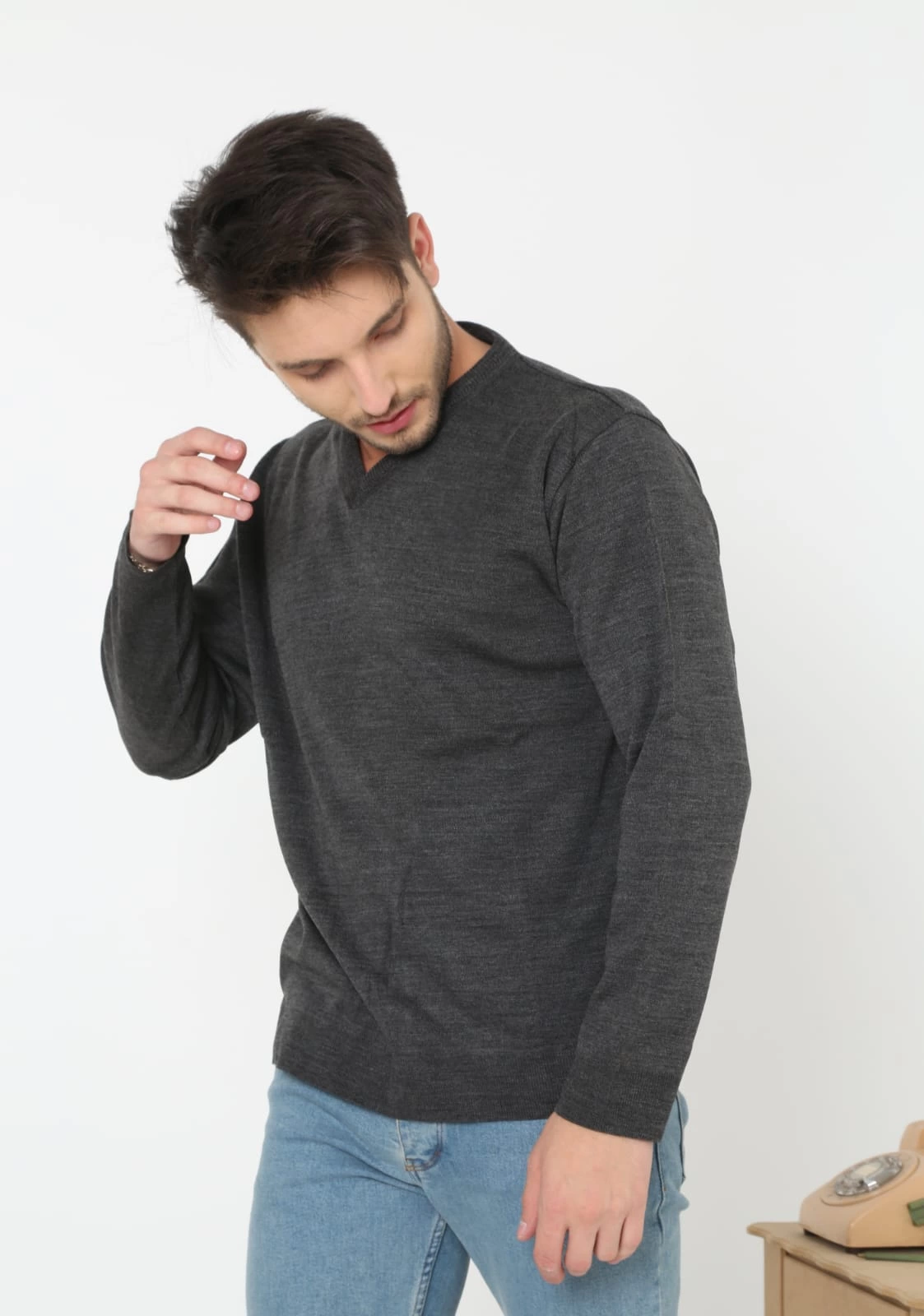 ASSEMA Unisex V Yaka Triko Kazak - Antrasit