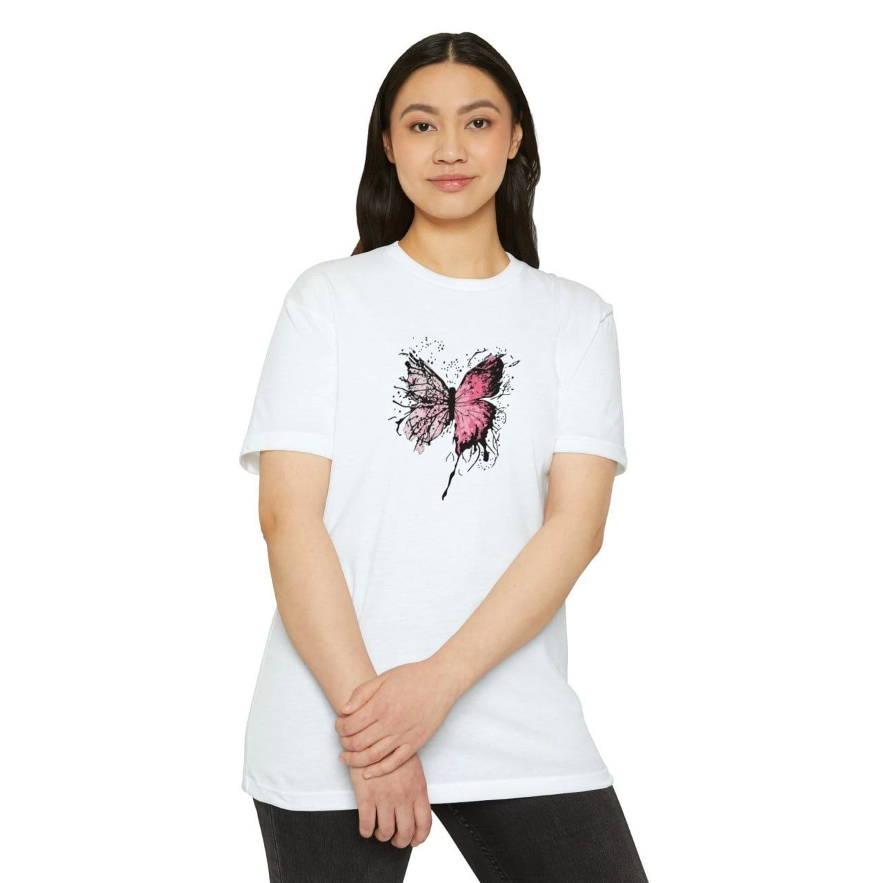 ASSEMA Kadın Bisiklet Yaka kelebek Baskılı Kısa kol  T-Shirt - Beyaz