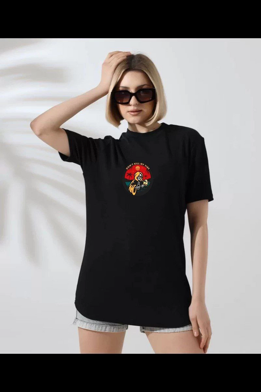 ASSEMA Kadın Bisiklet Yaka Baskılı  kısa kol T-Shirt - Siyah