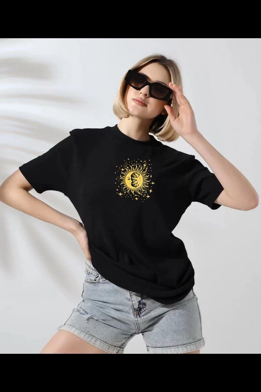 ASSEMA Kadın Bisiklet Yaka Baskılı  Kısa kol T-Shirt - Siyah