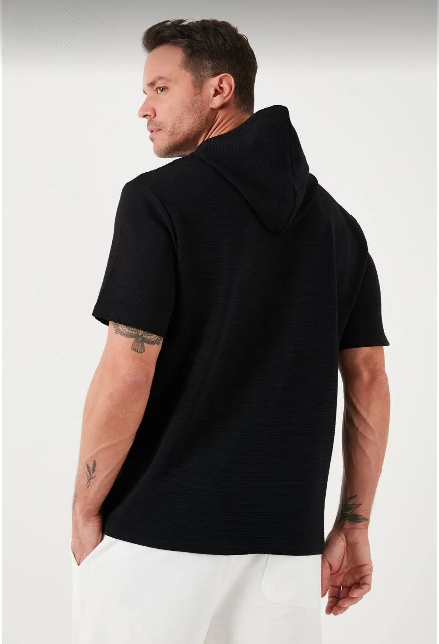 ASSEMA Erkek  Kapşonlu Kısa Kol Düz Oversize T-shirt - Siyah