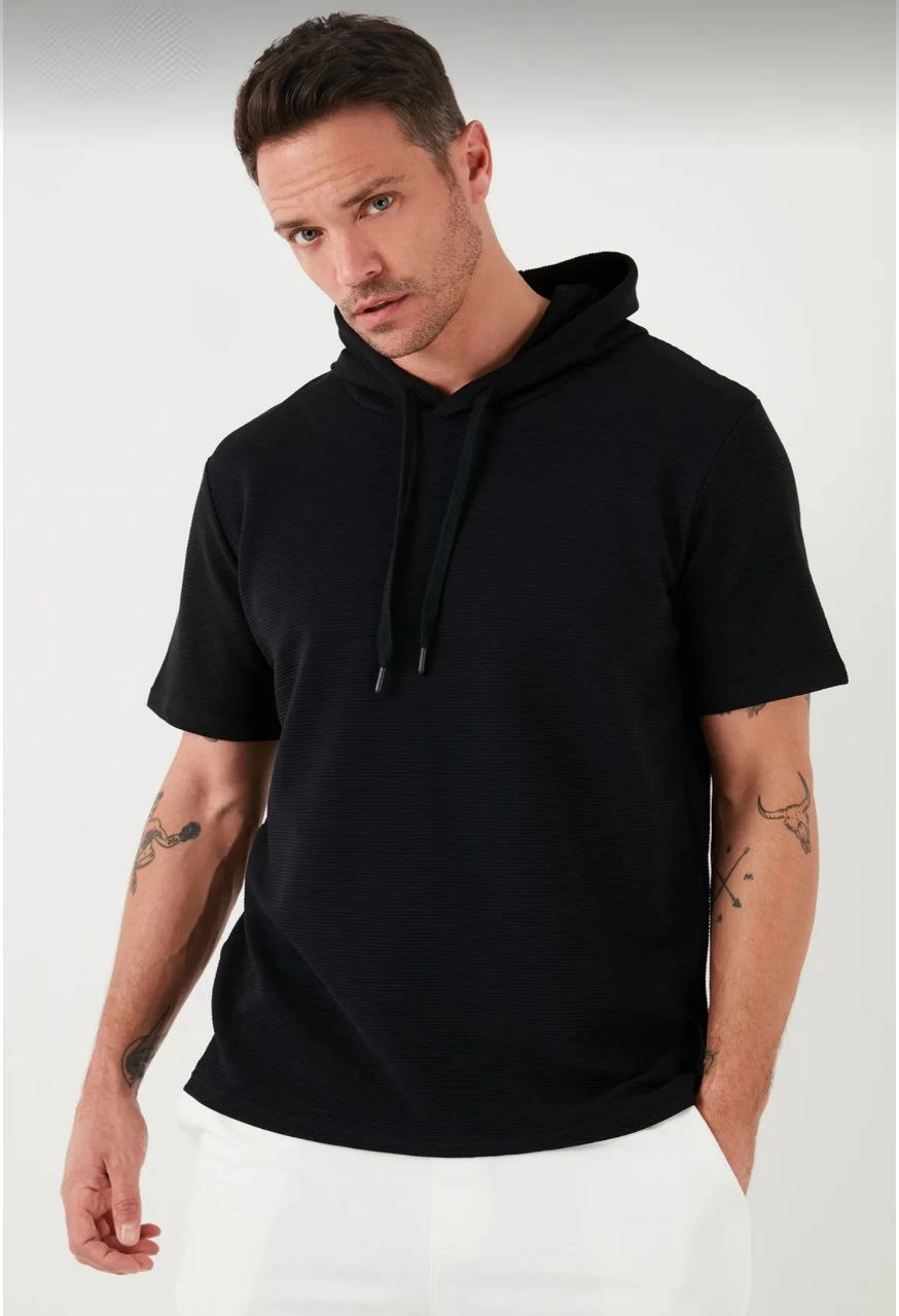 ASSEMA Erkek  Kapşonlu Kısa Kol Düz Oversize T-shirt - Siyah