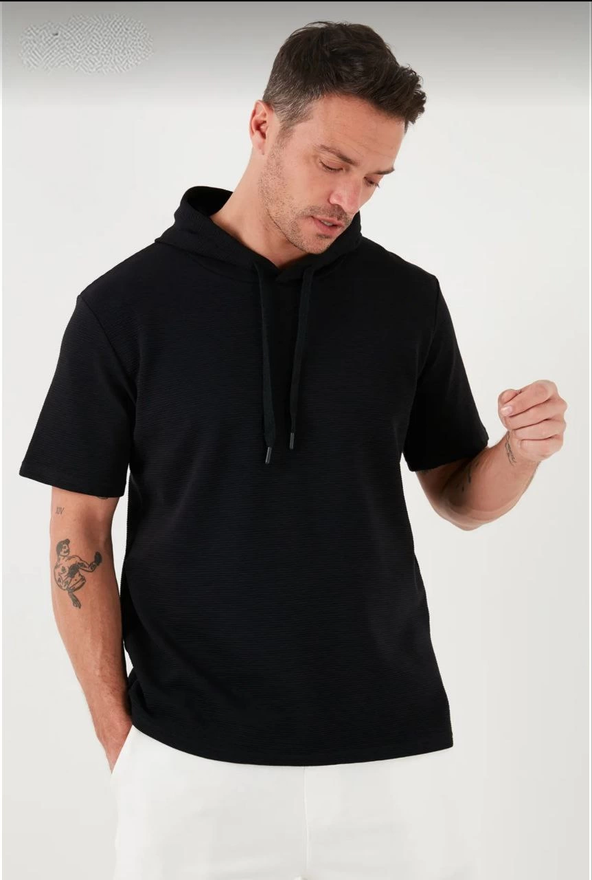ASSEMA Erkek  Kapşonlu Kısa Kol Düz Oversize T-shirt - Siyah