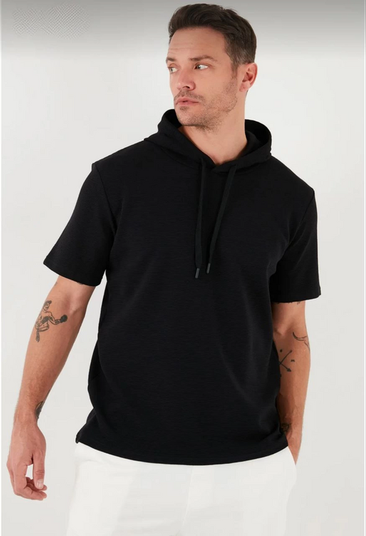ASSEMA Erkek  Kapşonlu Kısa Kol Düz Oversize T-shirt - Siyah
