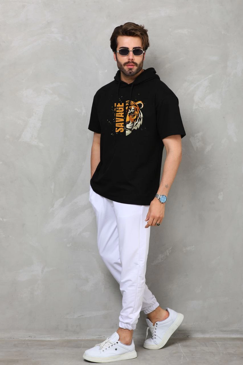 ASSEMA Erkek Kapşonlu Kısa Kol Oversize Baskılı T-Shirt - Siyah