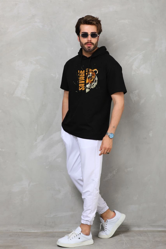 ASSEMA Erkek Kapşonlu Kısa Kol Oversize Baskılı T-Shirt - Siyah
