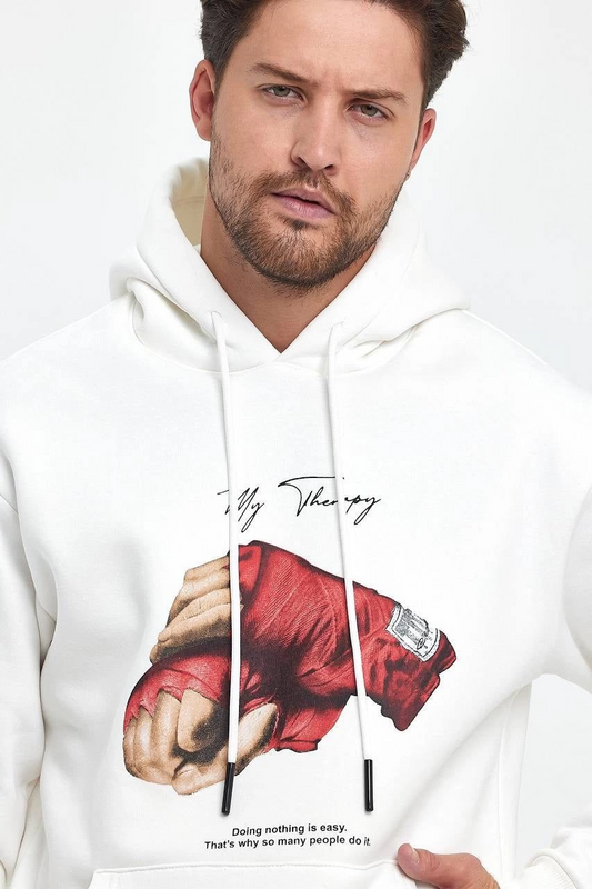 ASSEMA ERKEK Kapüşonlu Üç İplik Oversize Baskılı Sweatshirt - Beyaz