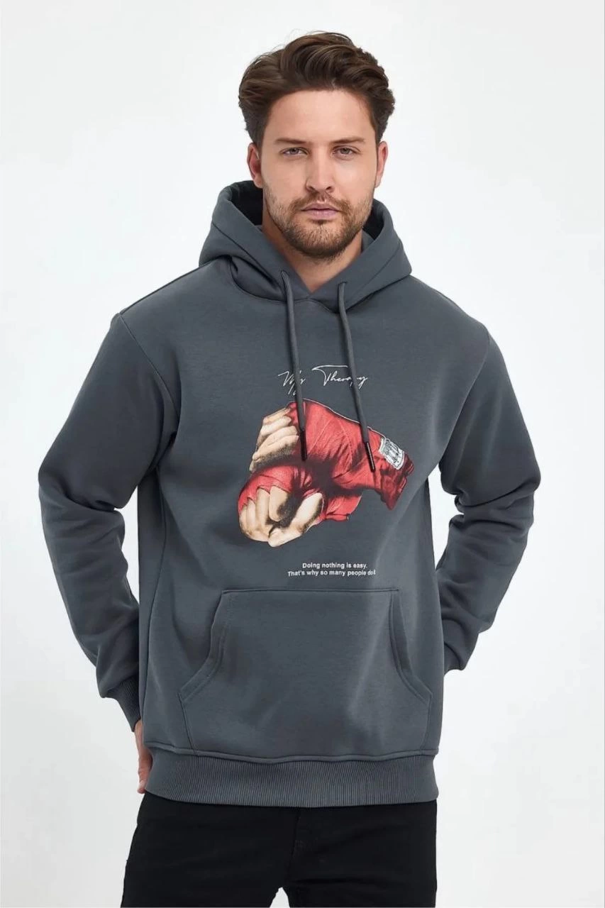 ASSEMA Erkek Kapüşonlu Üç İplik Pamuklu Baskılı Sweatshirt - Füme