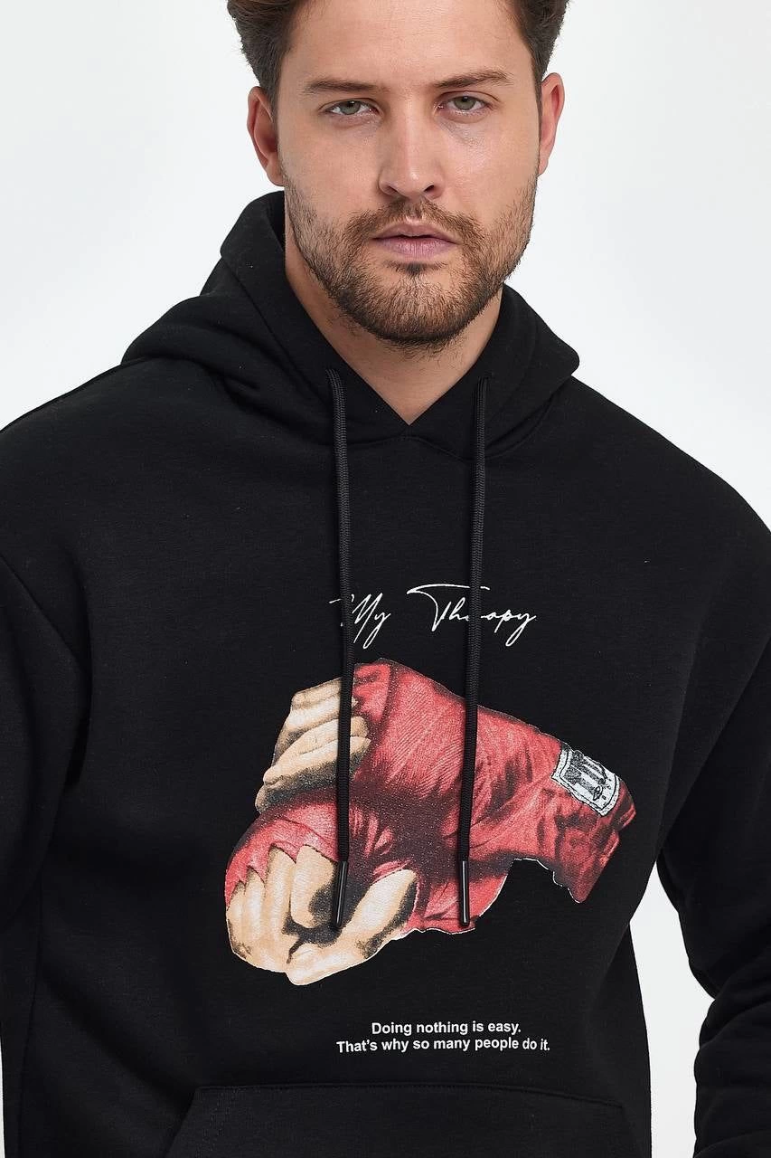 ASSEMA ERKEK Kapüşonlu Üç İplik Oversize Baskılı Sweatshirt - Siyah
