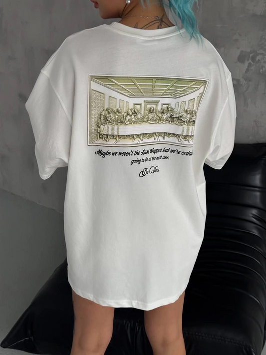 ASSEMA Kadın Baskılı T-Shirt Kısa Kol Bisiklet Yaka Ovarsize Rahat Kalıp Günlük Tişört - Beyaz