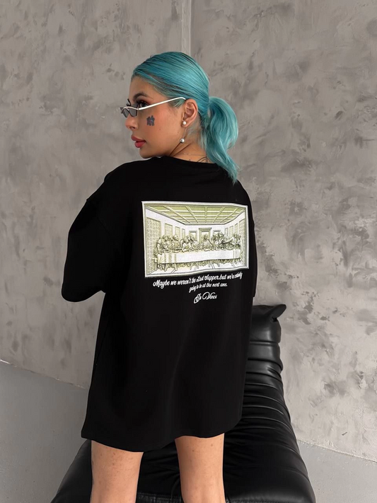 ASSEMA Kadın Baskılı T-Shirt Kısa Kol Bisiklet Yaka Ovarsize Rahat Kalıp Günlük Tişört - Siyah