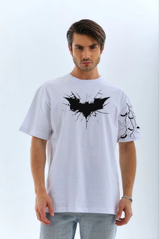 ASSEMA ERKEK Bisiklet yaka tişort Ön ve Kol Yarasa Baskılı T-shirt - Beyaz