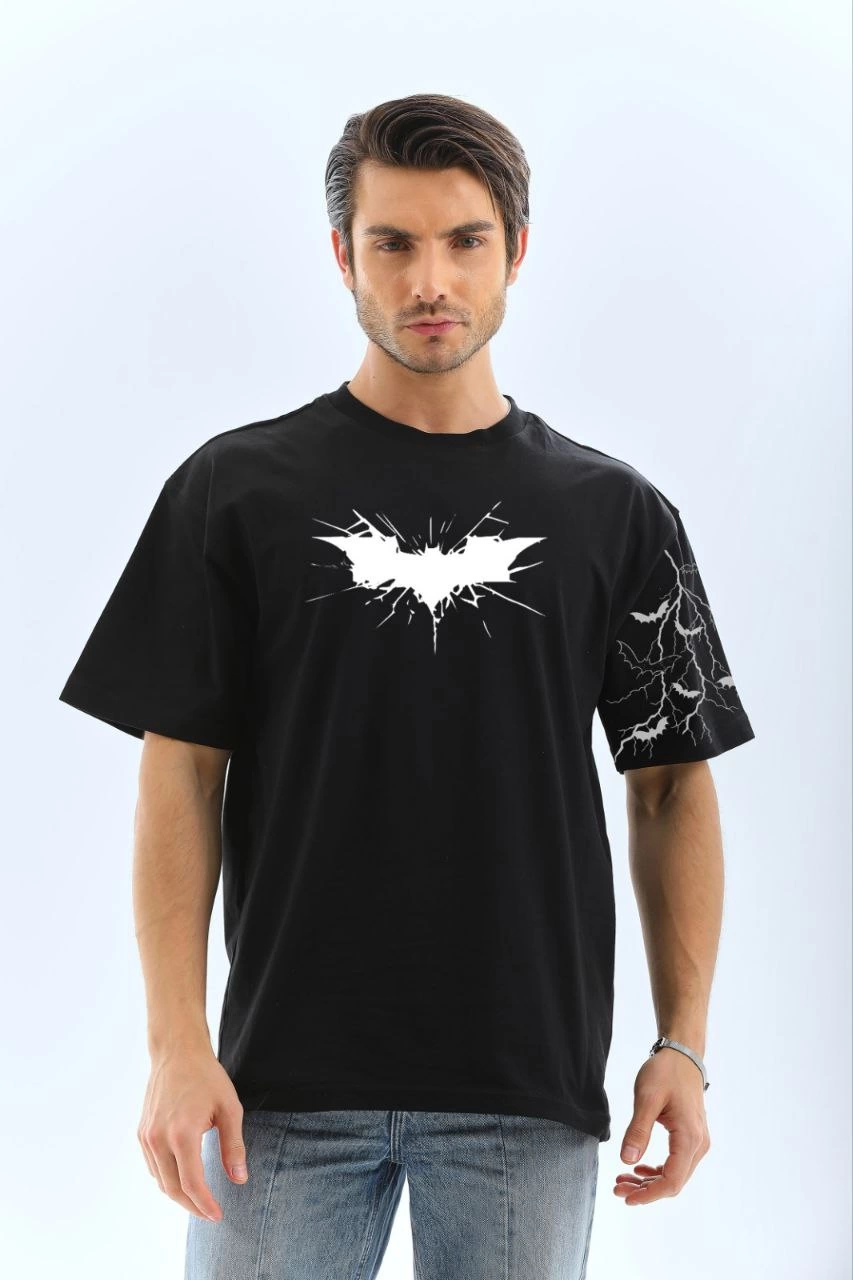 ASSEMA ERKEK Bisiklet yaka tişort Ön ve Kol Yarasa Baskılı T-shirt  - Siyah